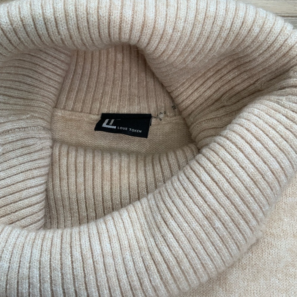 Love Token Beige Open Sides Turtleneck Midi Sweater Dress - Picture 4 of 7